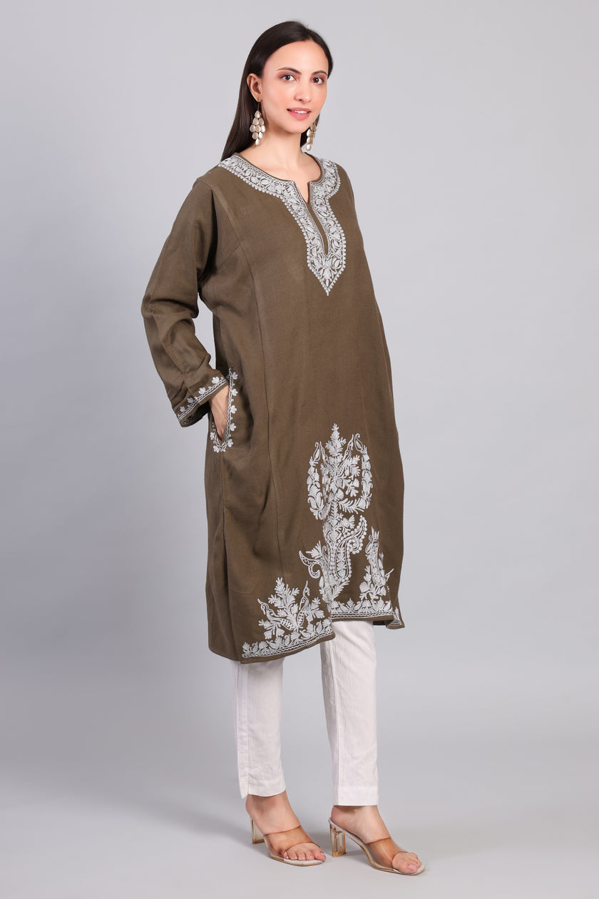 Zarq-e-Khak — Earth Brown Pheran with Ivory Zari Kashmiri Embroidery-Left