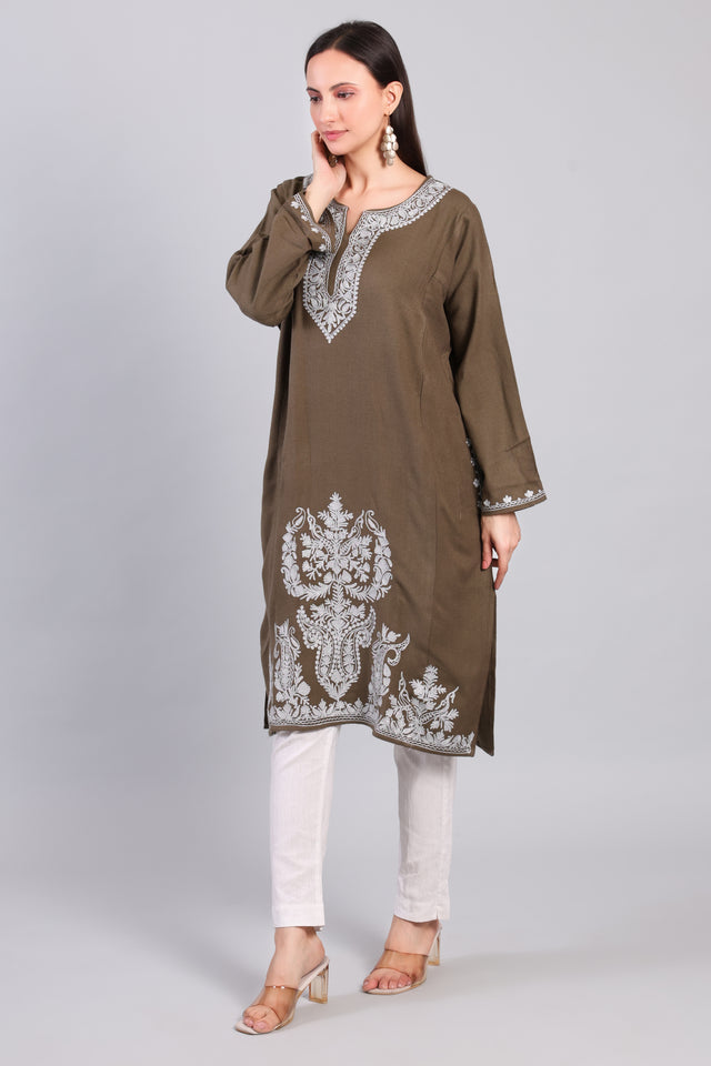 Zarq-e-Khak — Earth Brown Pheran with Ivory Zari Kashmiri Embroidery-Right