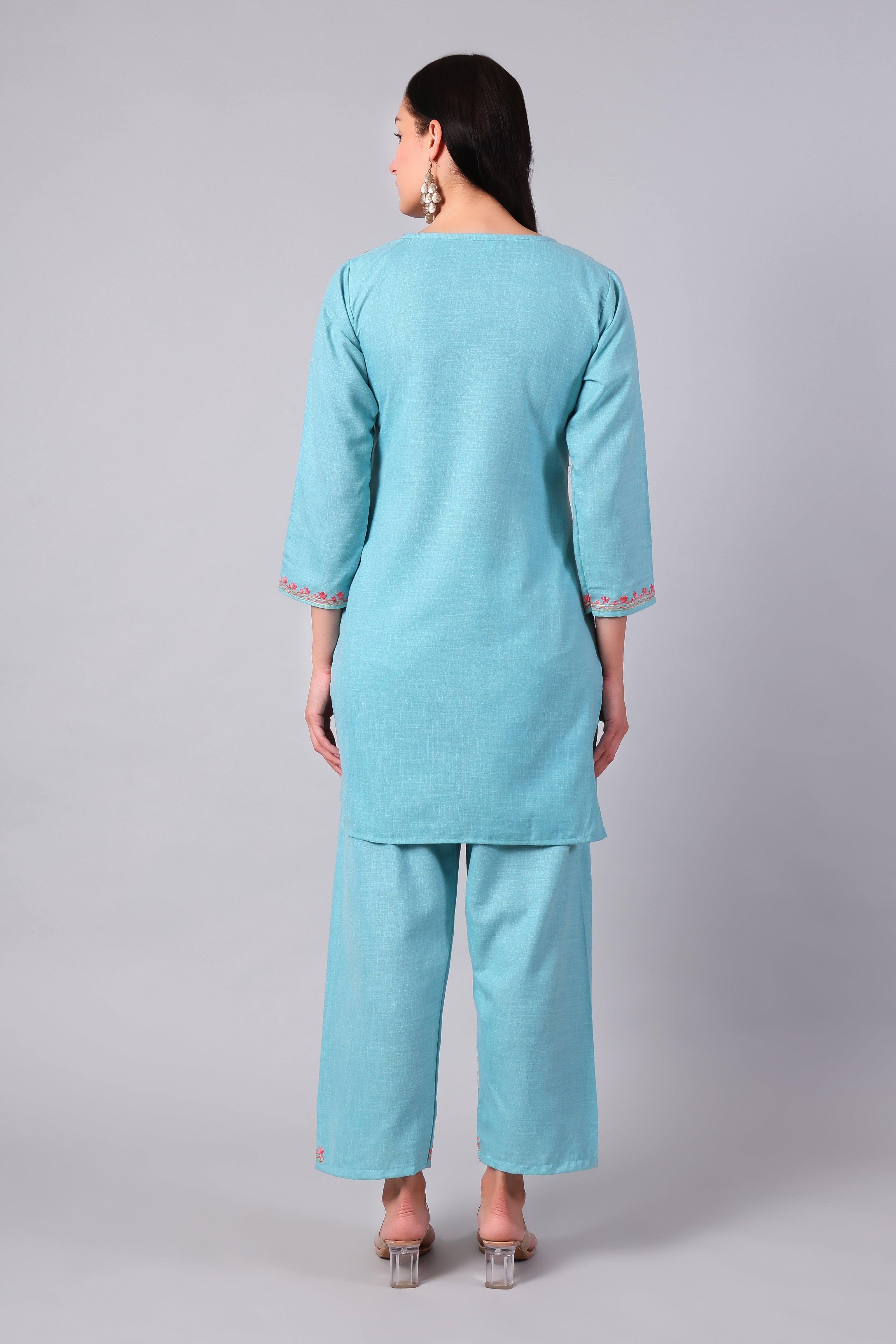 Back view of aqua blue Kashmiri Aari co-ord set for women