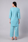 Back view of aqua blue Kashmiri Aari co-ord set for women