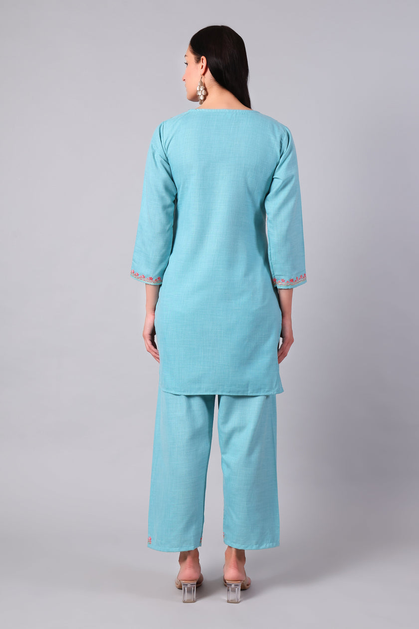 Back view of aqua blue Kashmiri Aari co-ord set for women