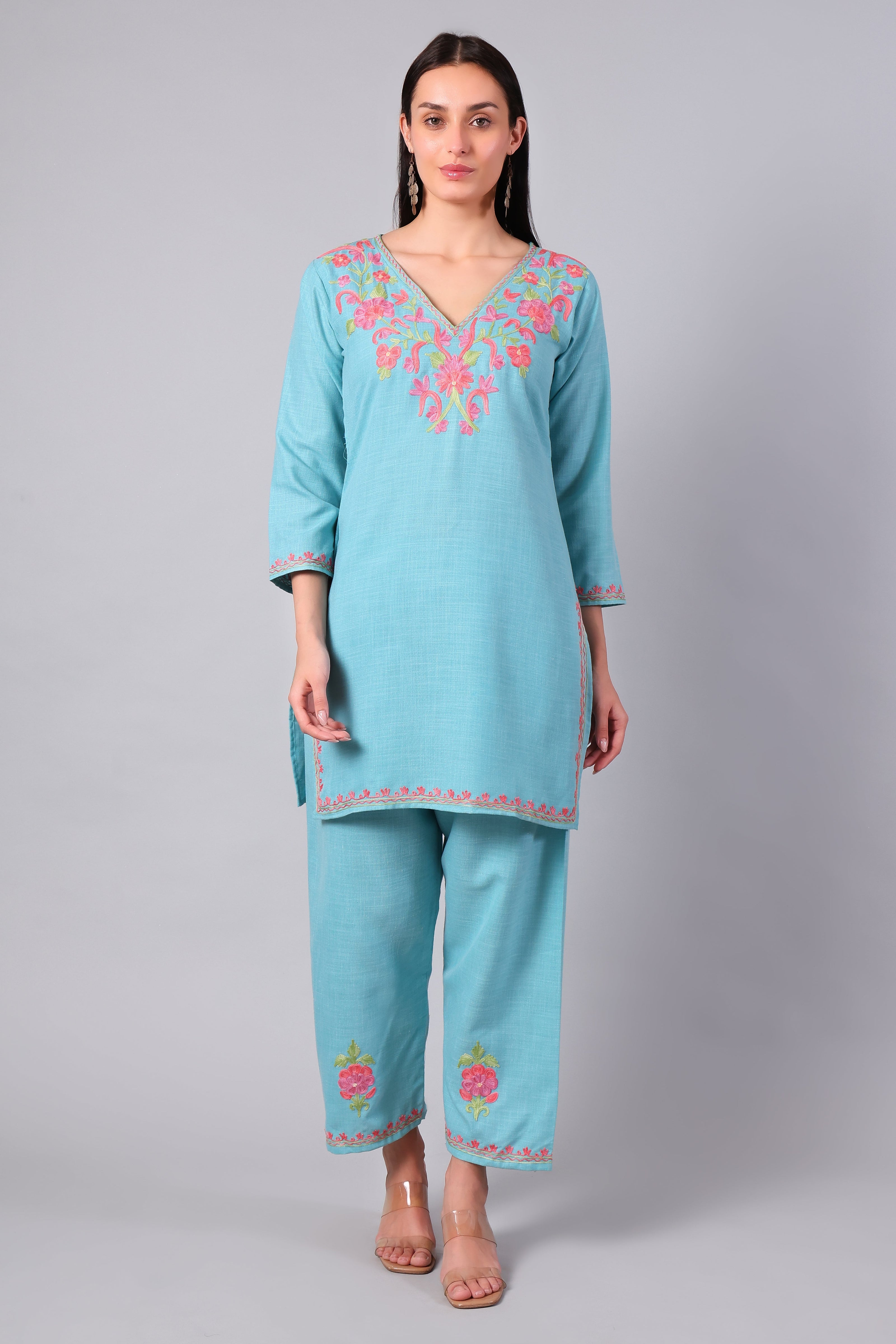 Full outfit of aqua blue embroidered co-ord set with straight pants for women