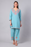 Full outfit of aqua blue embroidered co-ord set with straight pants for women