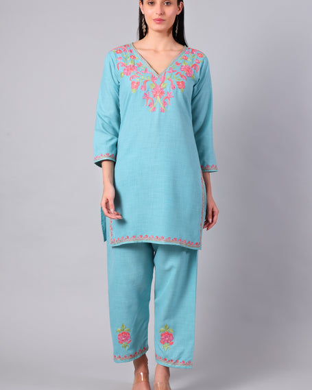 Full outfit of aqua blue embroidered co-ord set with straight pants for women