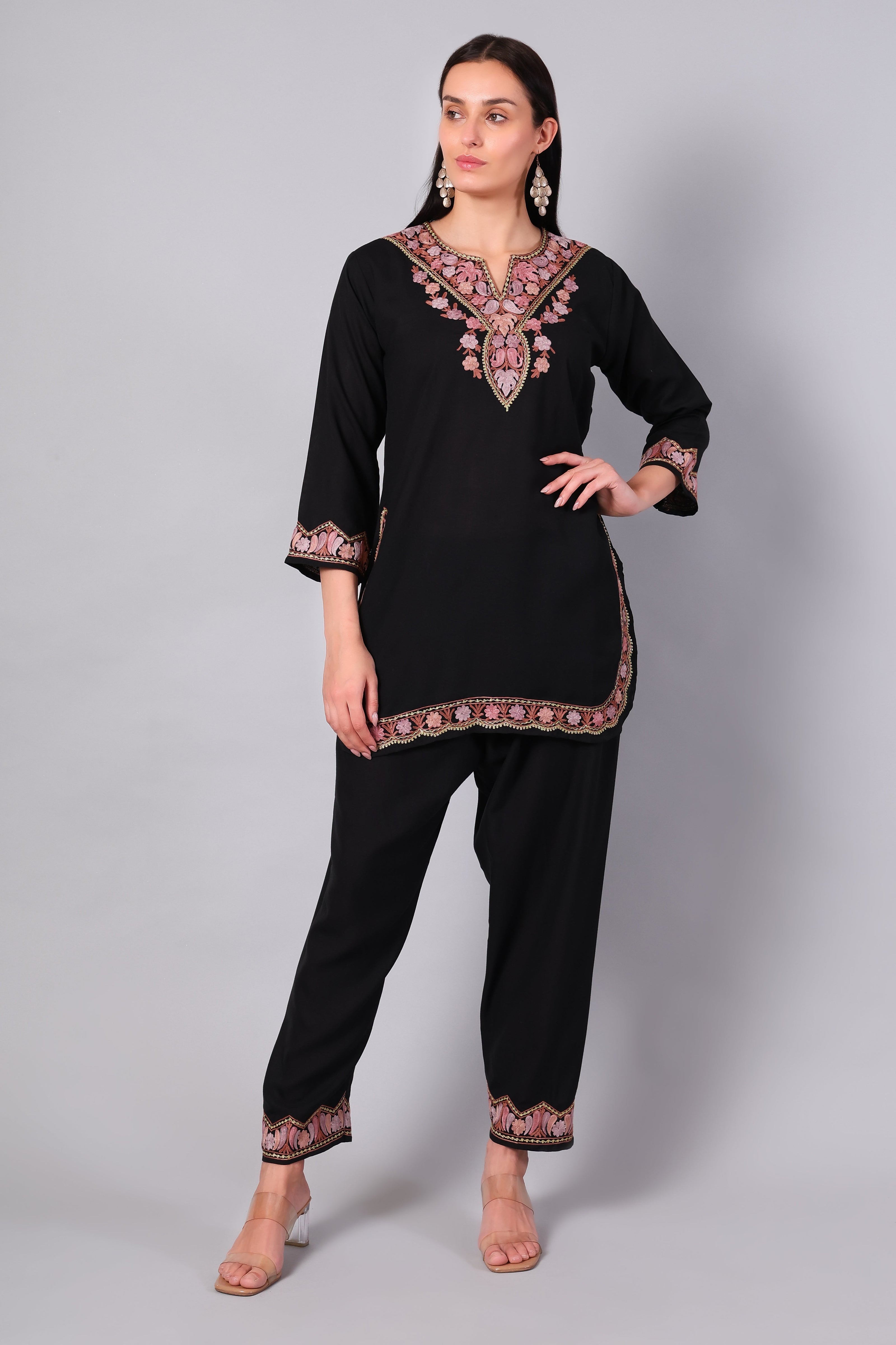 Front view of black Kashmiri Aari co-ord set with heavy neckline embroidery for women