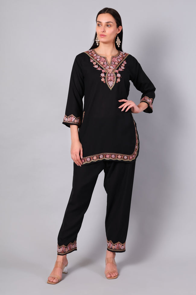 Front view of black Kashmiri Aari co-ord set with heavy neckline embroidery for women