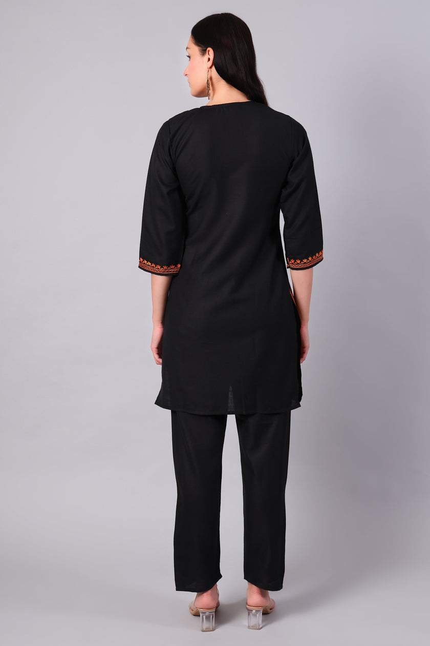 Back view of jet black Kashmiri Aari co-ord set for women