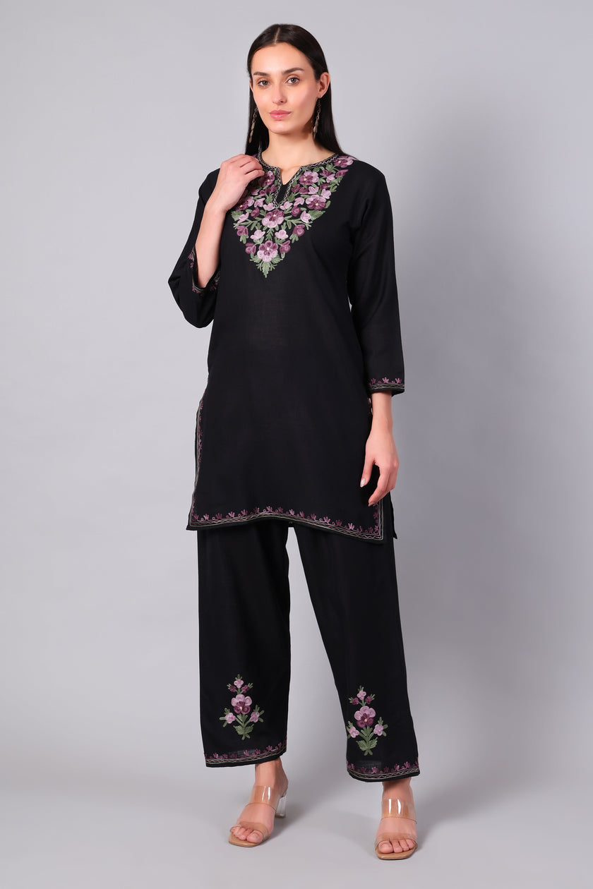 Front view of jet black Kashmiri Aari co-ord set with dusty pink embroidery for women
