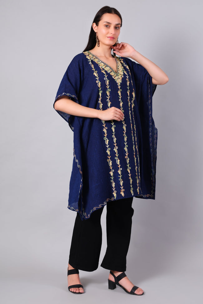 Novbahar midnight blue Kashmiri kaftan — front angle with vine embroidery detail
