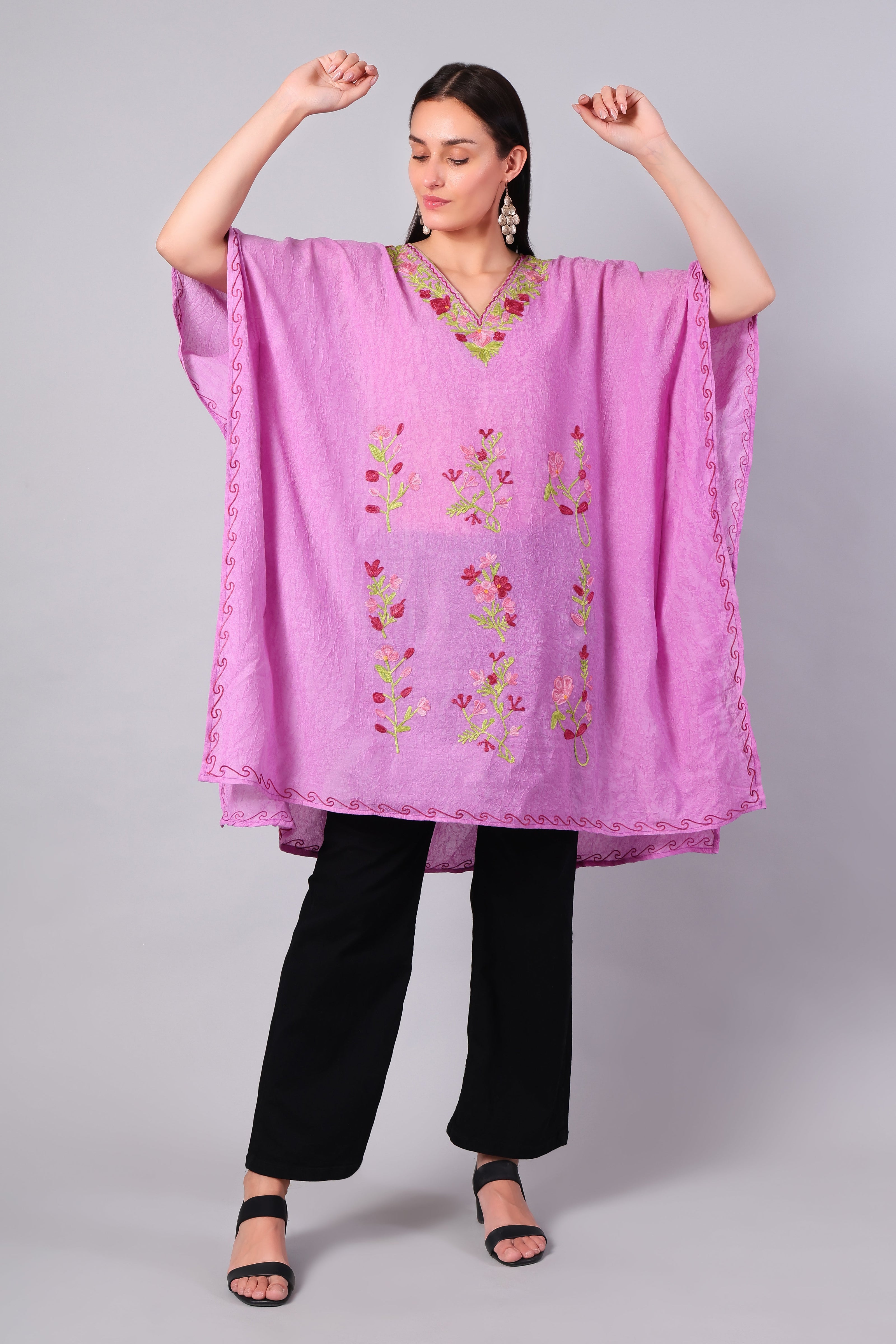 Novbahar blush pink Kashmiri kaftan with multicolour floral Aari embroidery — front view