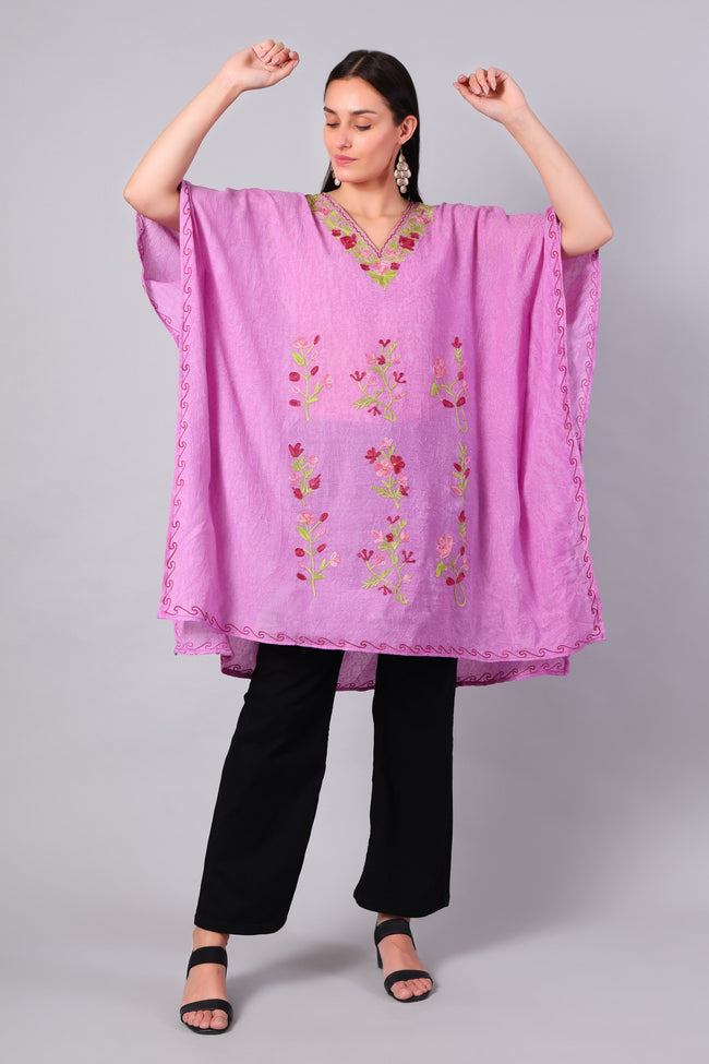 Novbahar blush pink Kashmiri kaftan with multicolour floral Aari embroidery — front view