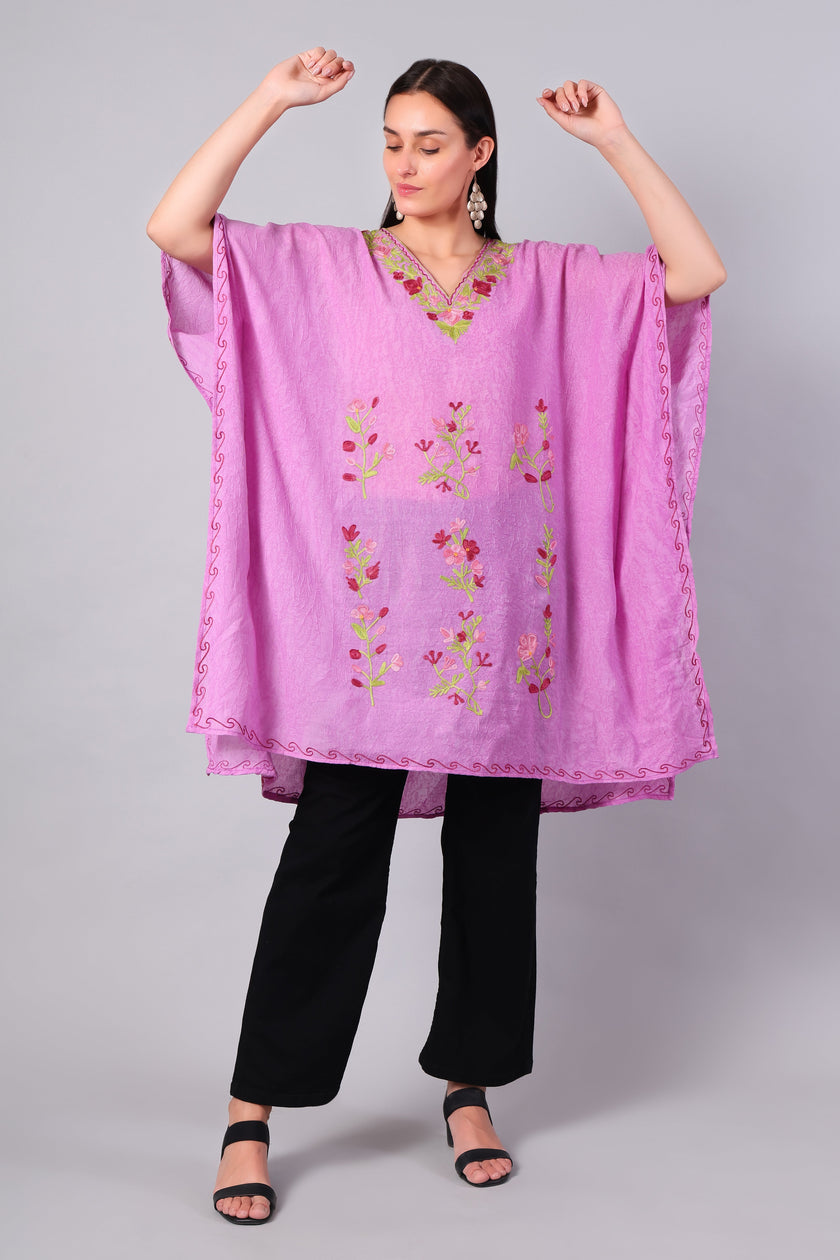 Novbahar blush pink Kashmiri kaftan with multicolour floral Aari embroidery — front view