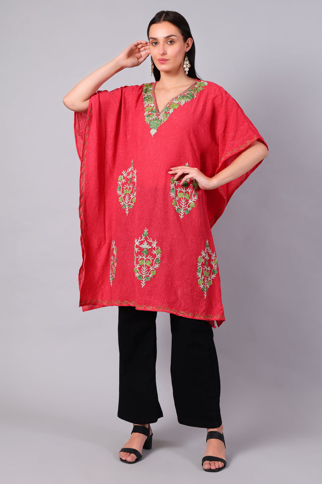 Stylish coral red cotton kaftan with floral embroidery for women
