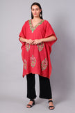 Coral red Kashmiri kaftan for women with multicolor embroidery front view
