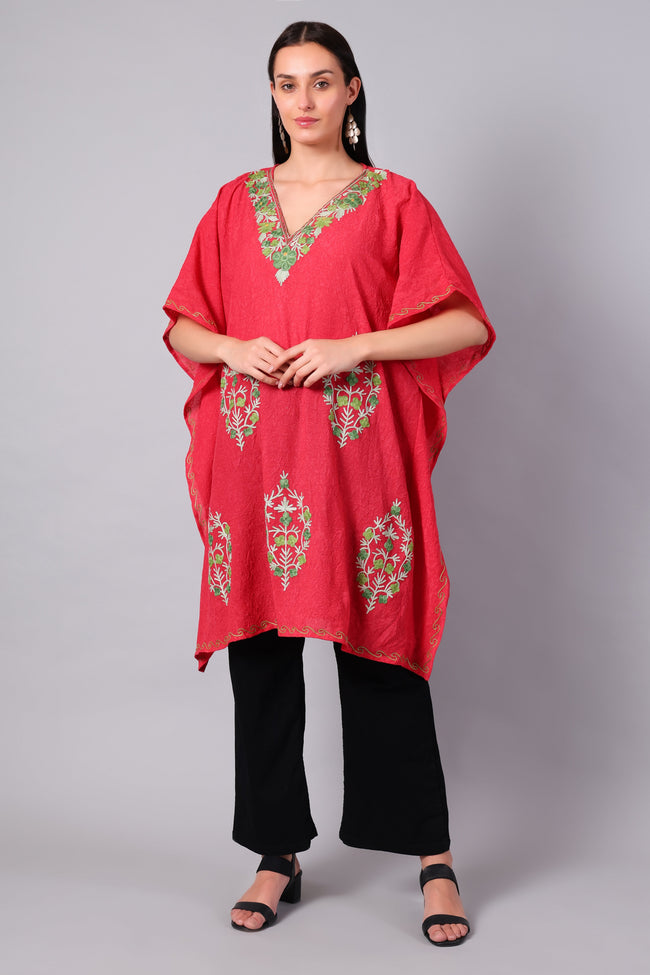 Coral red Kashmiri kaftan for women with multicolor embroidery front view