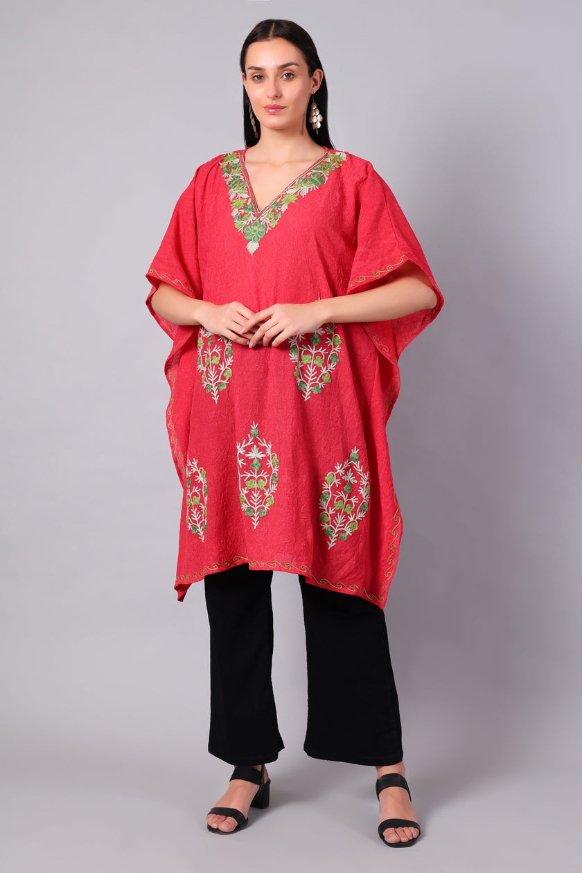 Coral red Kashmiri kaftan for women with multicolor embroidery front view