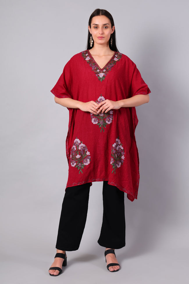 Novbahar crimson red Kashmiri kaftan with multicolour floral Aari embroidery — front view
