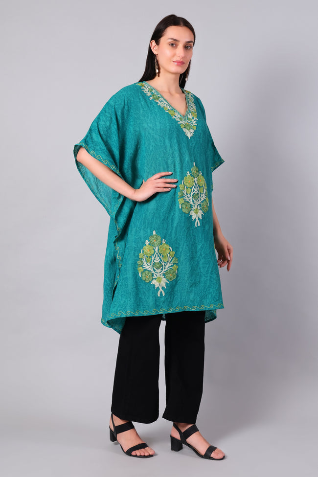 Novbahar teal green Kashmiri kaftan — front angle with tonal embroidery detail