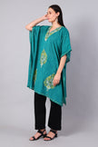 Novbahar teal green Kashmiri kaftan side view — relaxed one-size silhouette