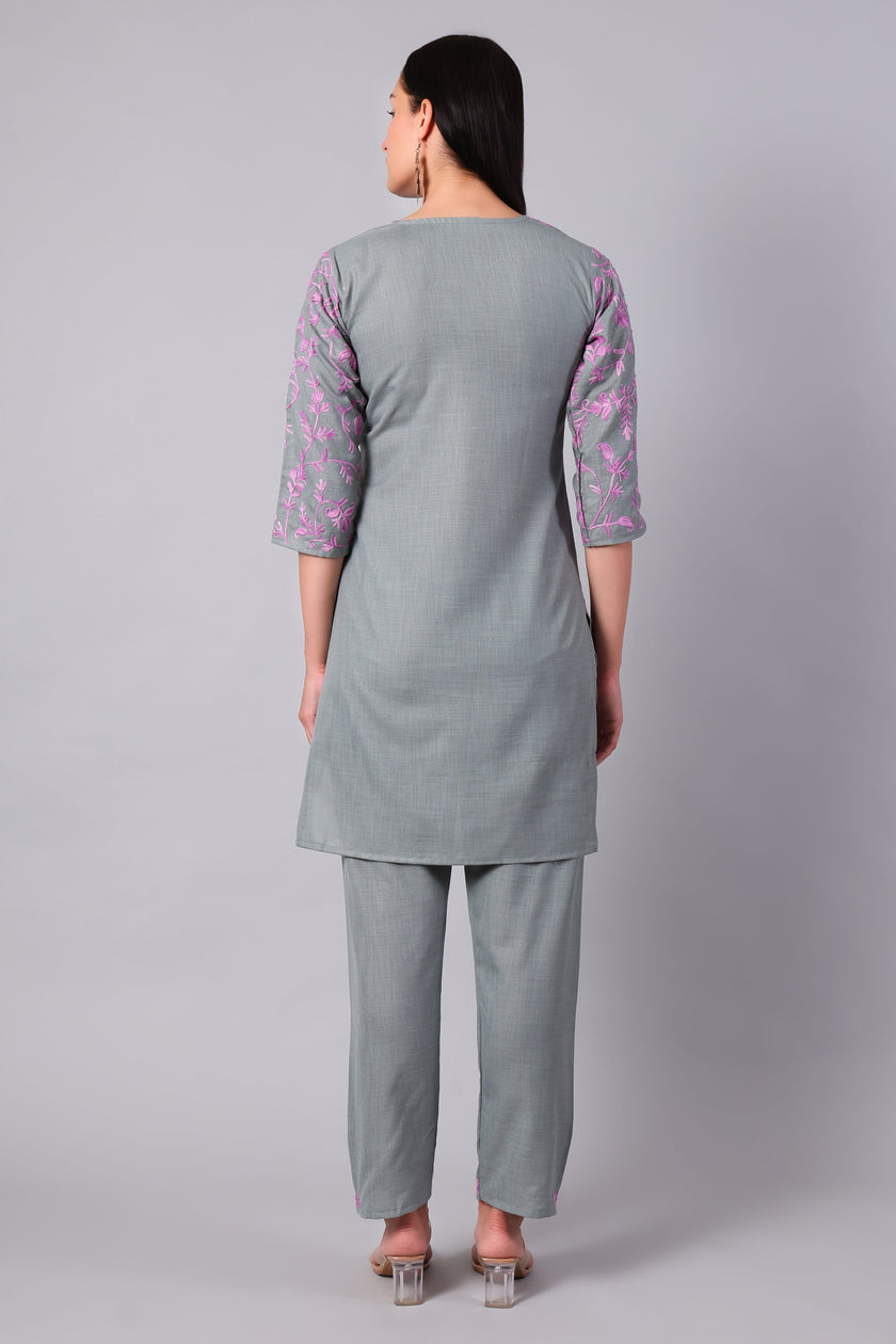 Back view of slate grey Kashmiri Aari co-ord set for women