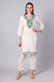 Front view of ivory Kashmiri Aari co-ord set with green and blue embroidery for women