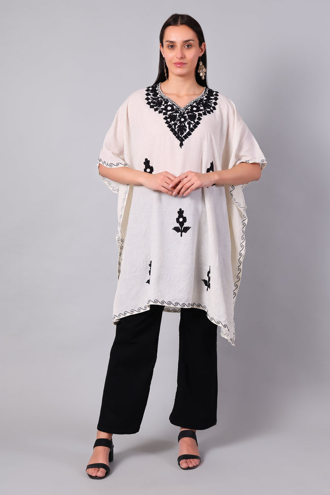 Novbahar ivory white Kashmiri kaftan with black Aari embroidery — front view