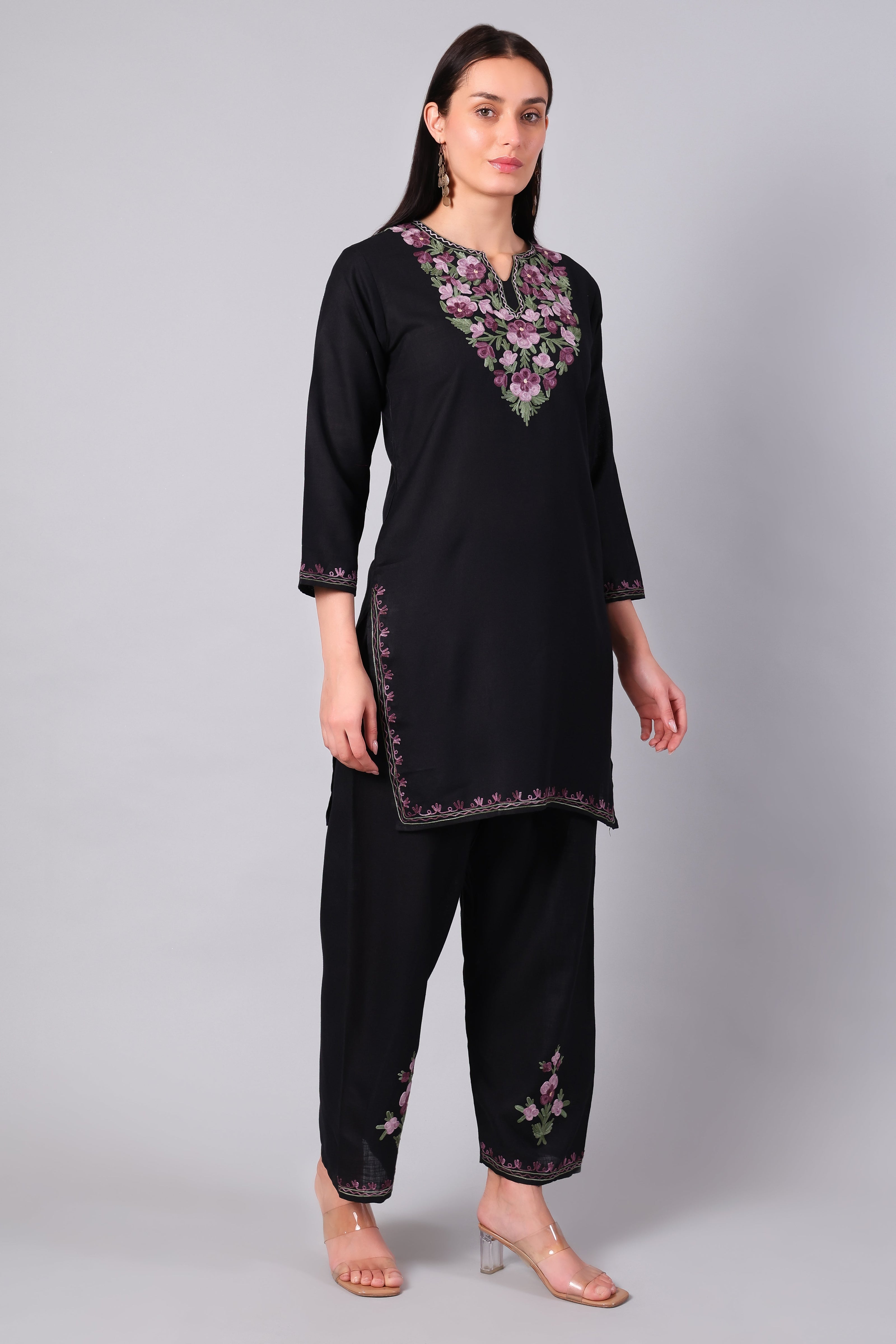 Full outfit of black Aari embroidered co-ord set with straight pants for women