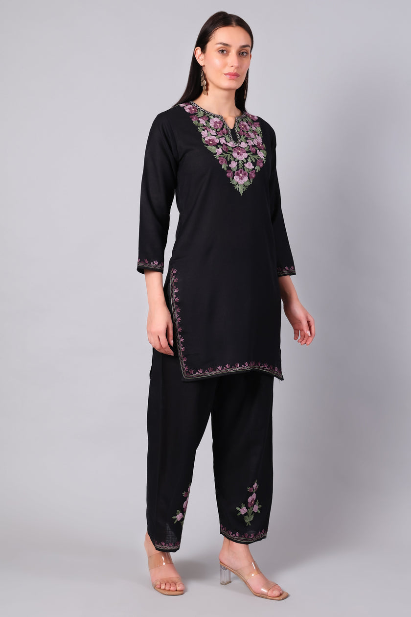 Full outfit of black Aari embroidered co-ord set with straight pants for women