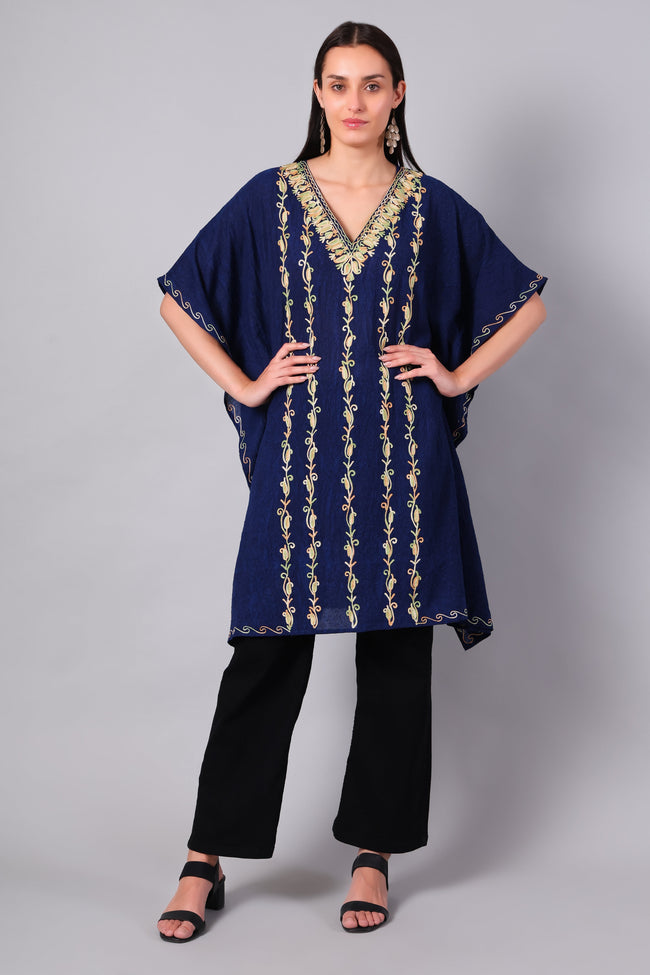Novbahar midnight blue Kashmiri kaftan with multicolour vine Aari embroidery — front view