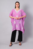 Novbahar orchid pink Kashmiri kaftan with white floral Aari embroidery — front view