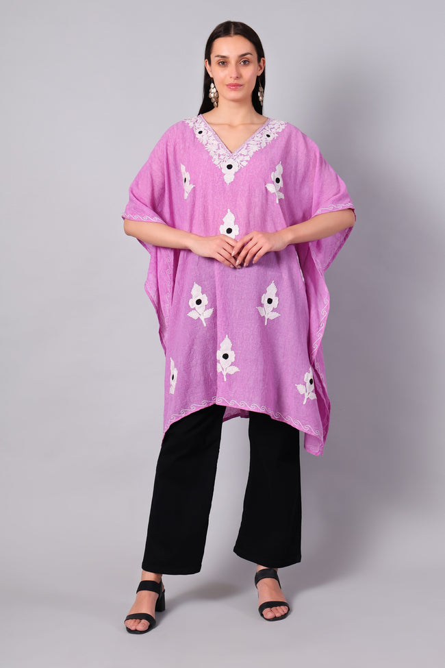 Novbahar orchid pink Kashmiri kaftan with white floral Aari embroidery — front view