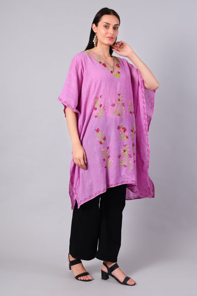 Novbahar blush pink Kashmiri kaftan — front angle with floral embroidery detail