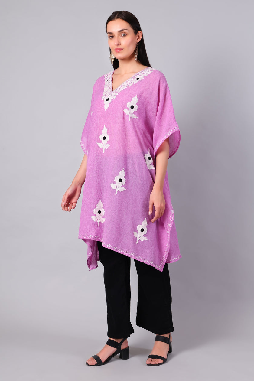 Novbahar orchid pink Kashmiri kaftan side view — relaxed one-size silhouette