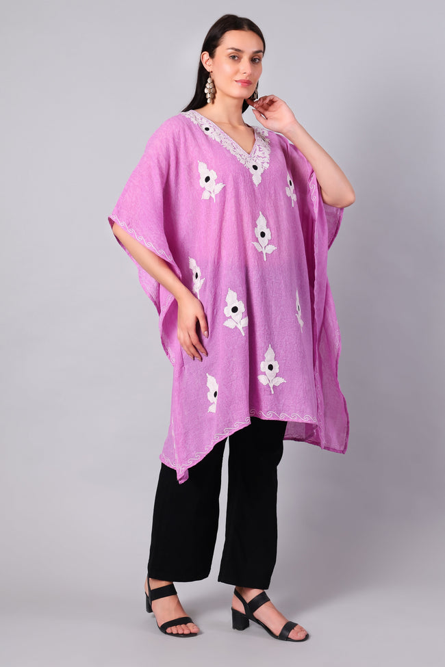 Novbahar orchid pink Kashmiri kaftan — front angle with white embroidery detail
