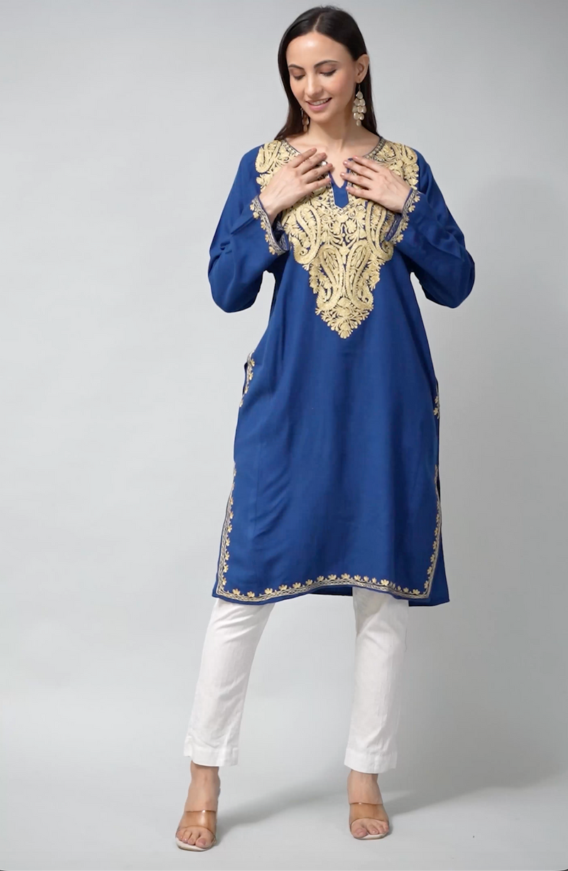 Royal Azure Kashmiri Pheran with Zari Paisley Embroidery_video