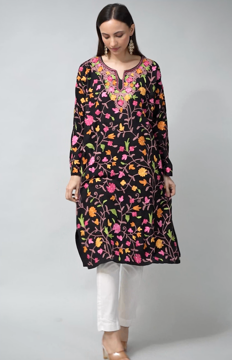 Midnight Garden Kashmiri Pheran with Jaal Aari Embroidery-Video