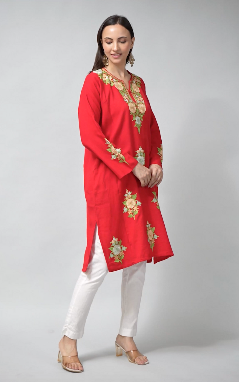 Scarlet Reverie Red Kashmiri Pheran with Aari Embroidery-Video