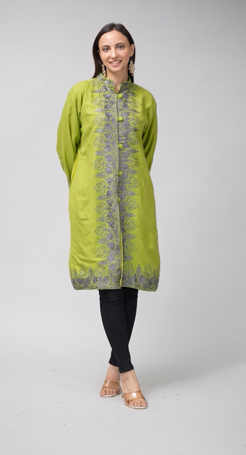 Gul-e-Chinar Olive Green Kashmiri Wool Jacket with Zari Embroidery-Video