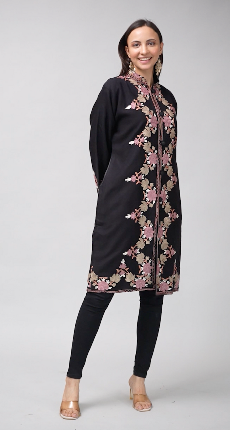 Buy Gulnaar-e-Siyah Kashmiri Wool Jacket | Aari Embroidery