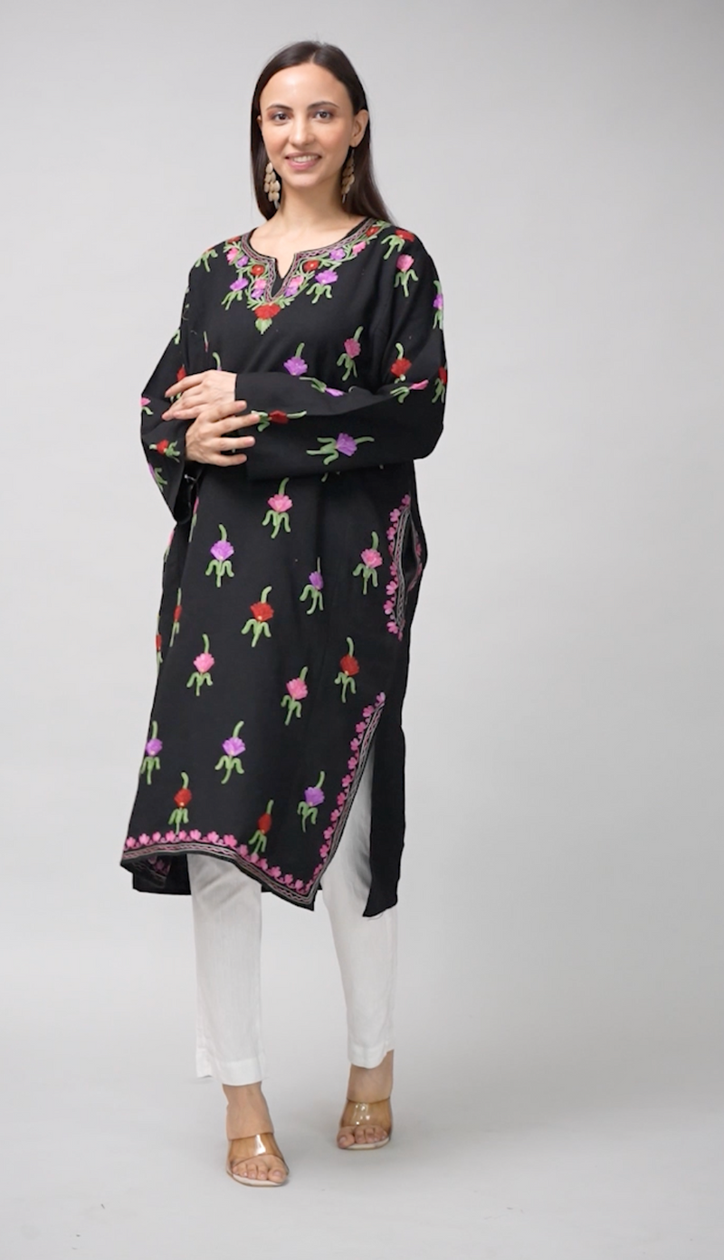 Gultar-e-Bahar — Black Pheran with Multicolor Floral Aari Kashmiri Embroidery-Video