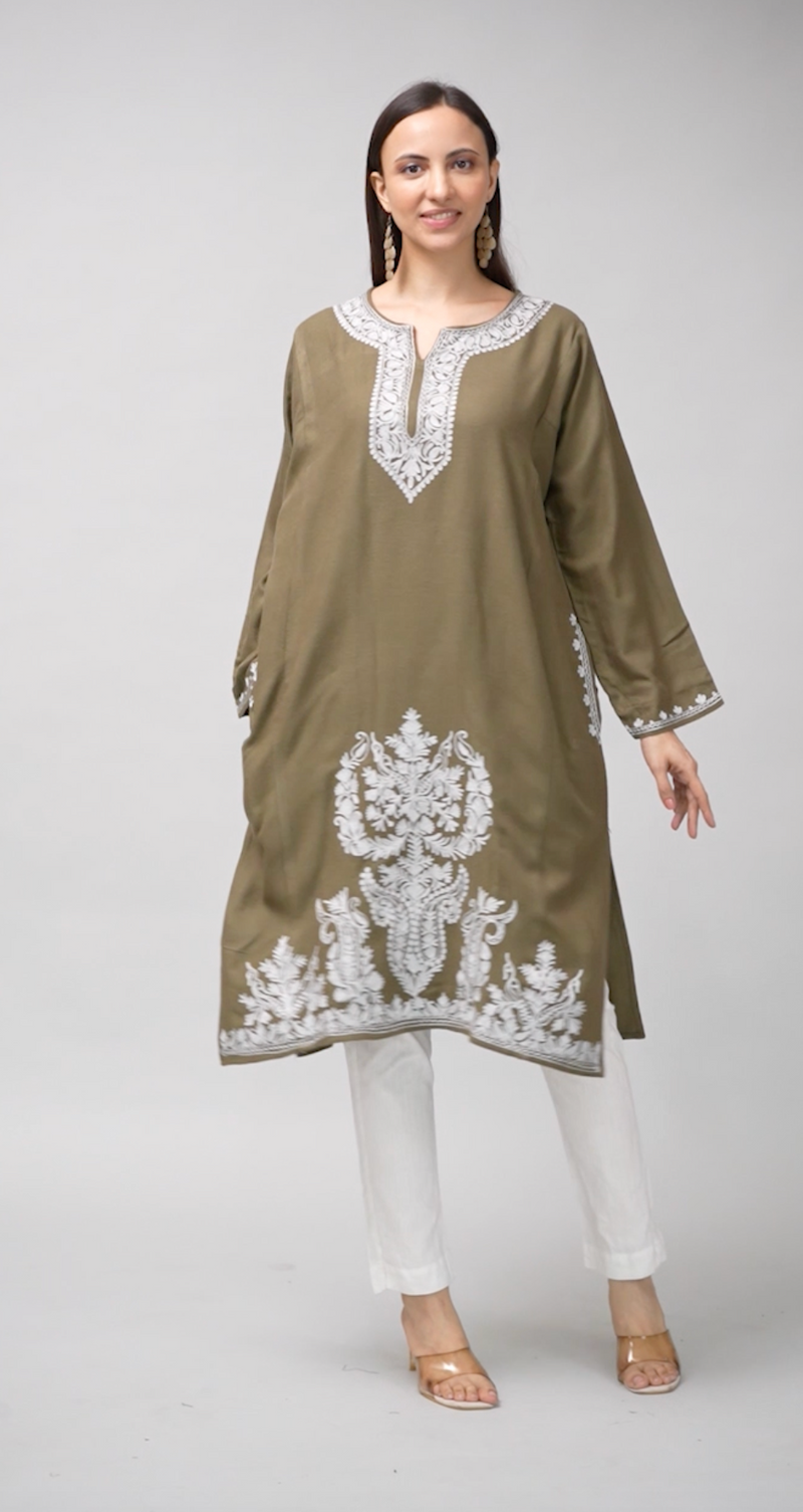 Zarq-e-Khak — Earth Brown Pheran with Ivory Zari Kashmiri Embroidery-Video