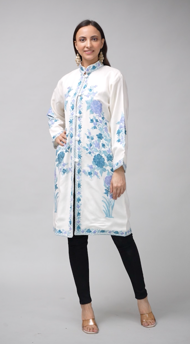 Shabnam-e-Firoza Ivory Kashmiri Wool Jacket with Aari Embroidery-Video