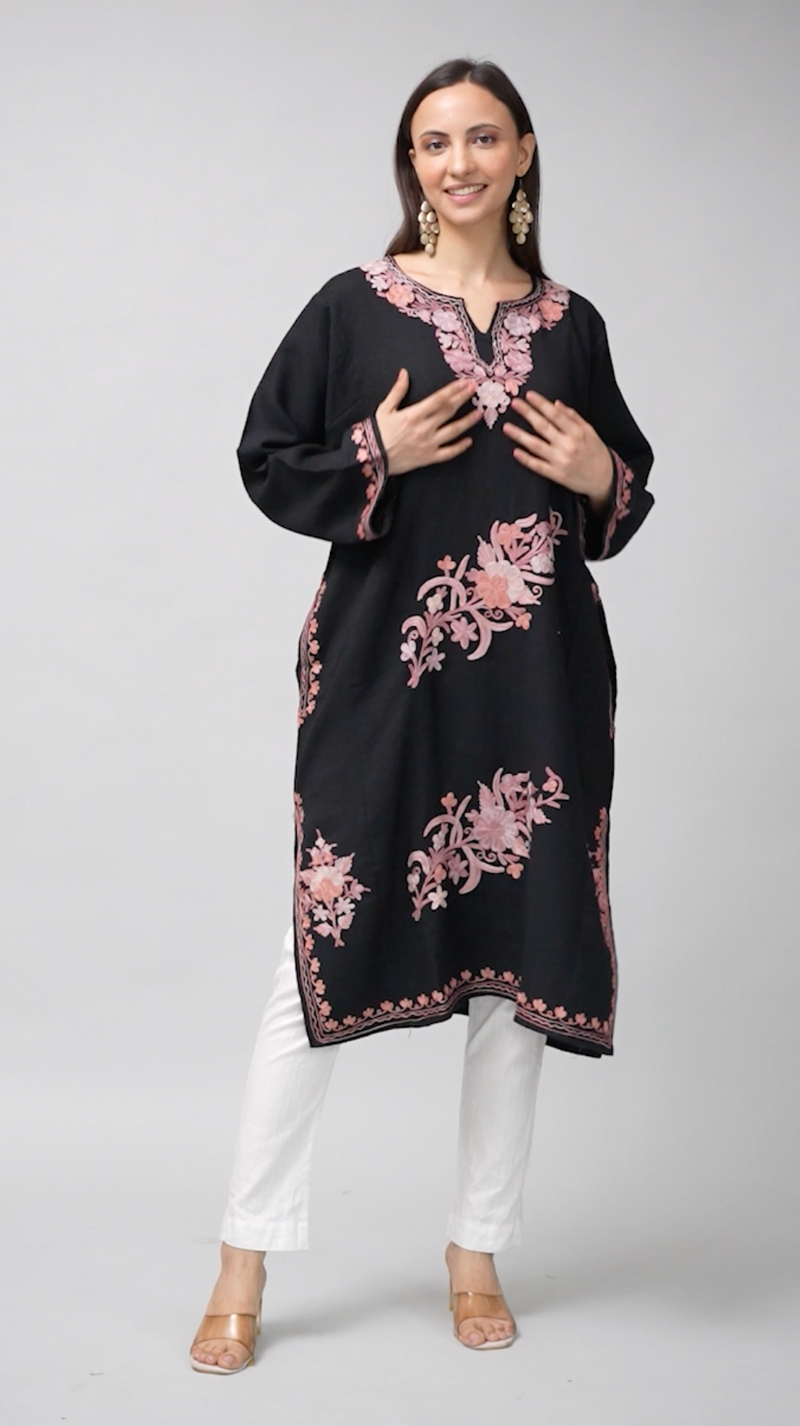 Gul-e-Siyah — Black Pheran with Rose Pink Aari Kashmiri Embroidery-Video