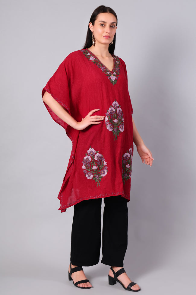 Novbahar crimson red Kashmiri kaftan — front angle with floral embroidery detail
