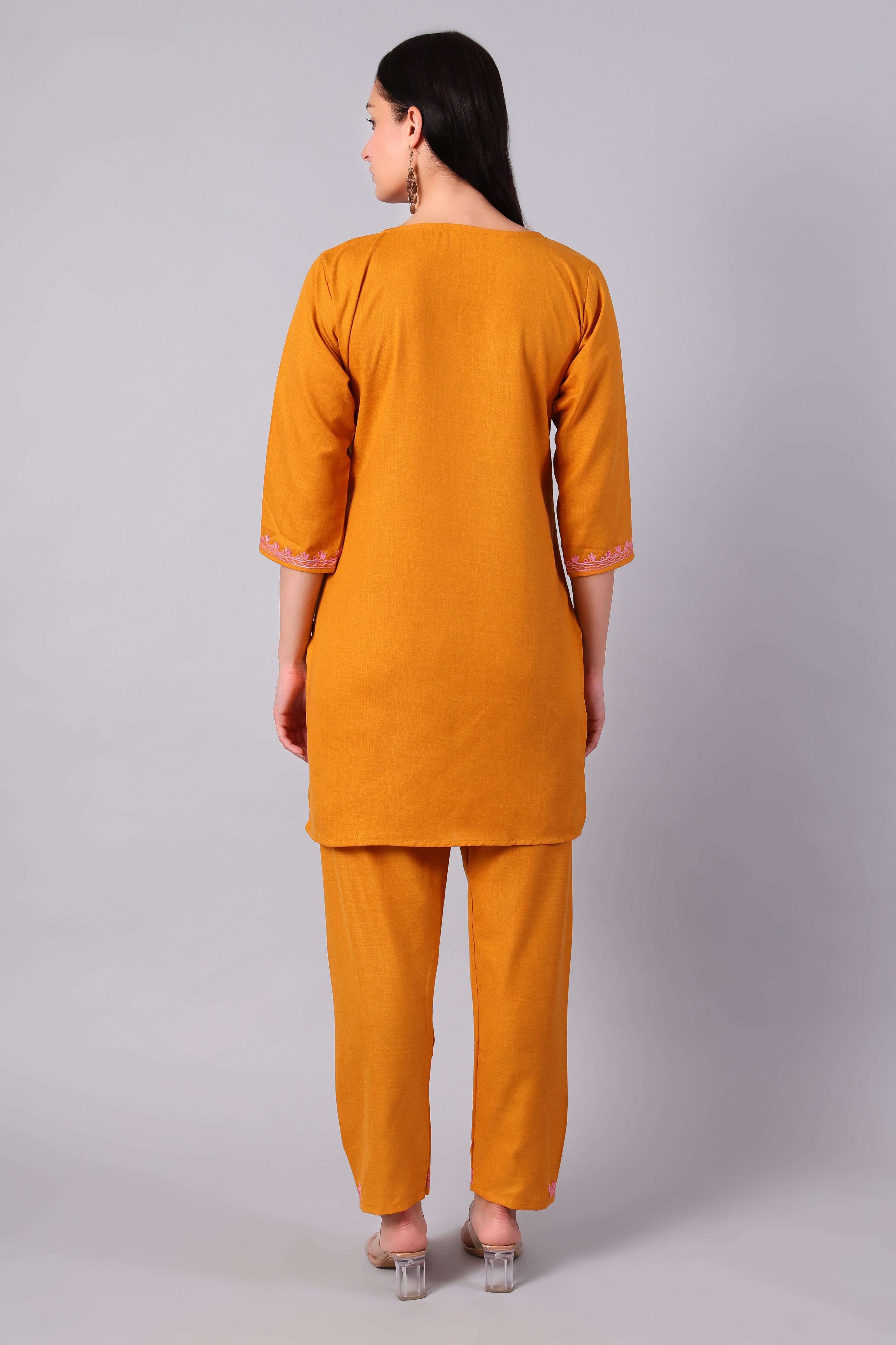 Back view of saffron Kashmiri Aari co-ord set for women