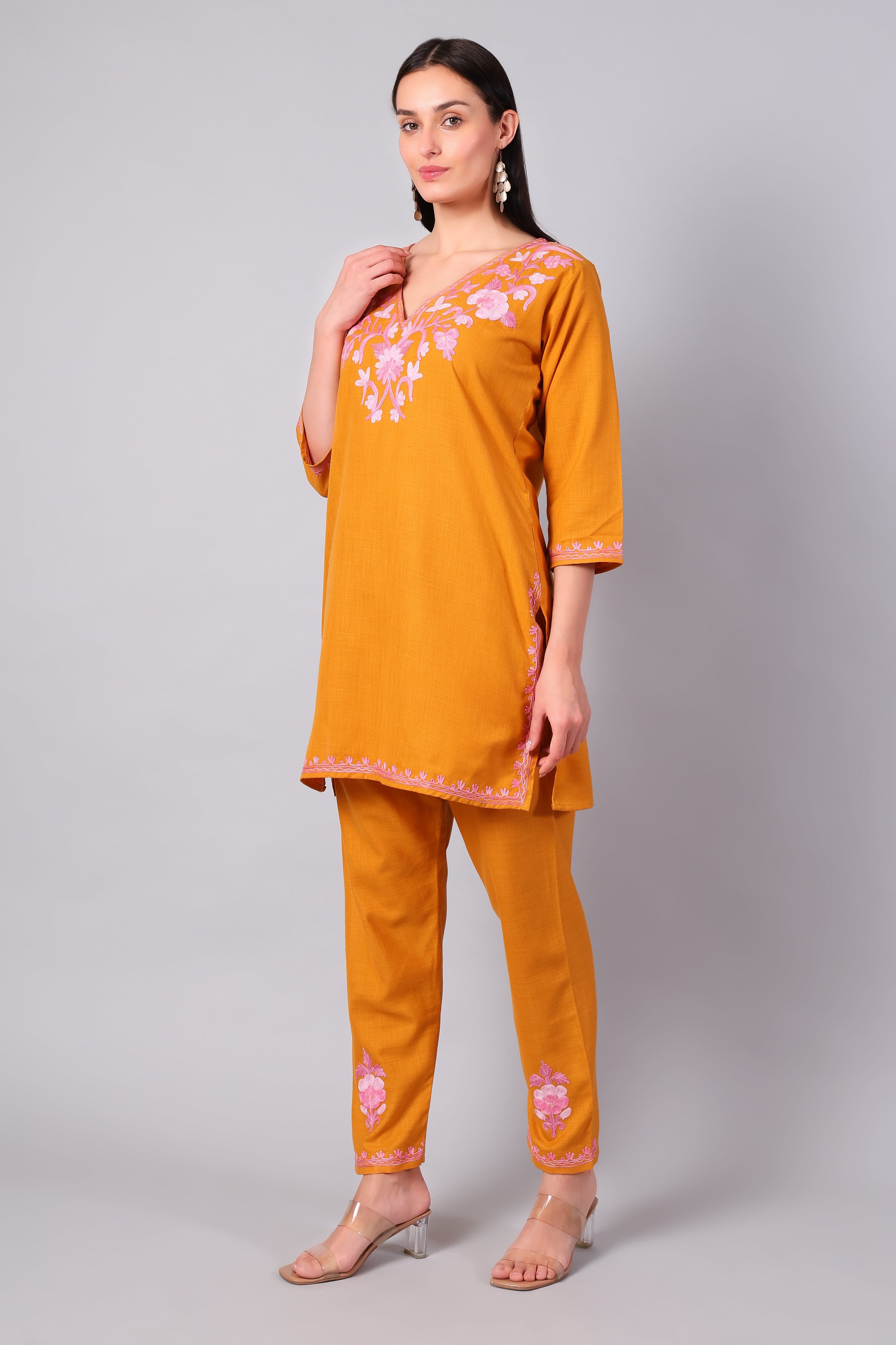 Full outfit of saffron Aari embroidered co-ord set with straight pants for women