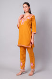 Full outfit of saffron Aari embroidered co-ord set with straight pants for women