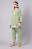 Full outfit of sage green Aari embroidered co-ord set with straight pants for women