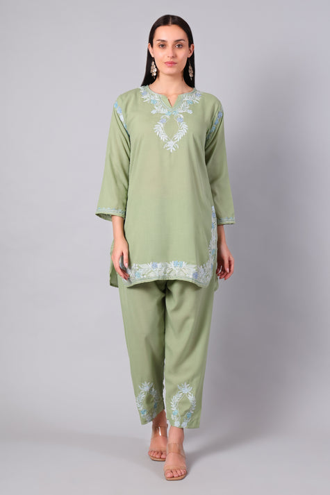 Front view of sage green Kashmiri Aari co-ord set with powder blue embroidery for women