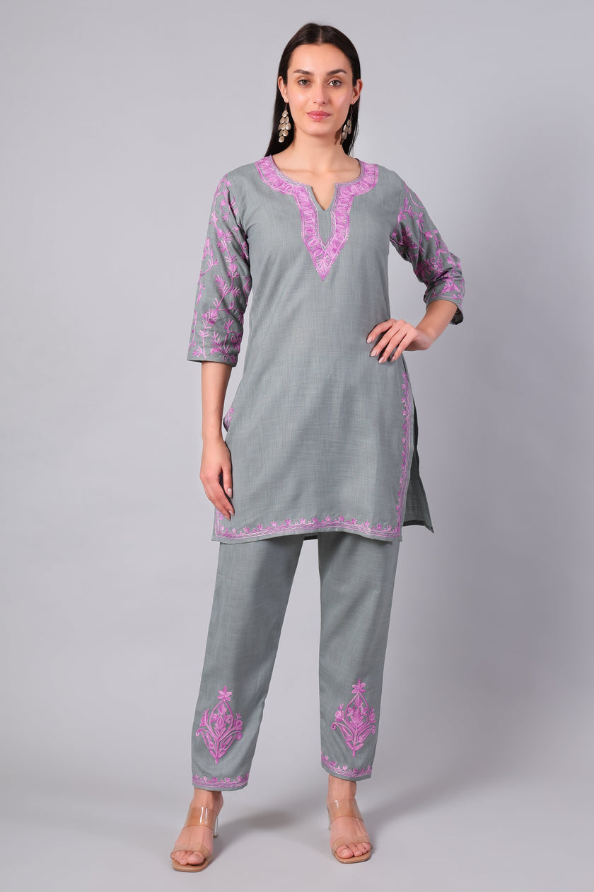 Front view of slate grey Kashmiri Aari co-ord set with pink embroidery for women